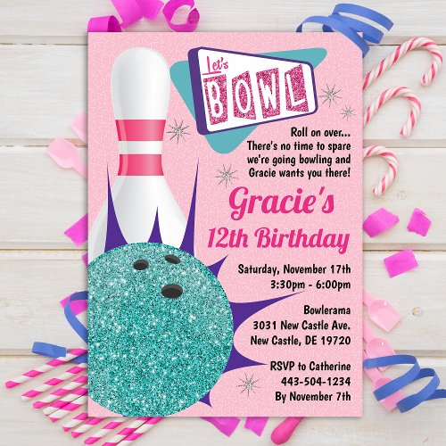 Bowling Party Retro Pink  Teal Tenpin Invitation