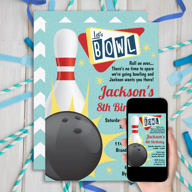 Bowling Party Retro Tenpin Invitation Zazzle