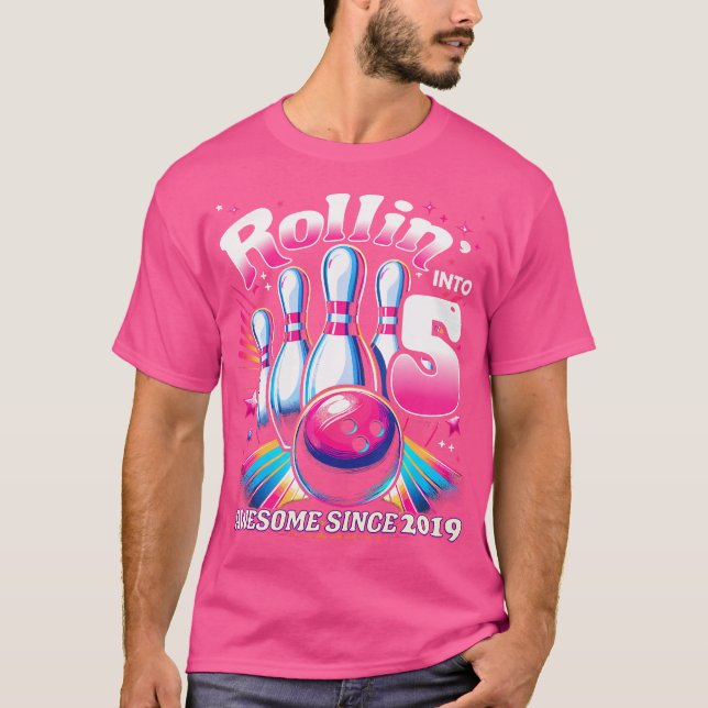 Bowling Party Rollin' 5 Awesome 2019 5Th Birthday T-Shirt (Front)