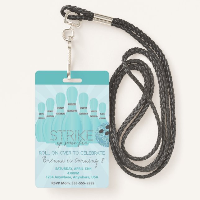 Bowling party, VIP Pass ,Invitation, girl Bowl, Badge (Back with Lanyard)