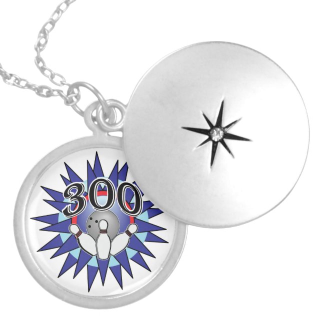 Bowling Perfect 300 Game Blue and Silver Locket Necklace (Front)