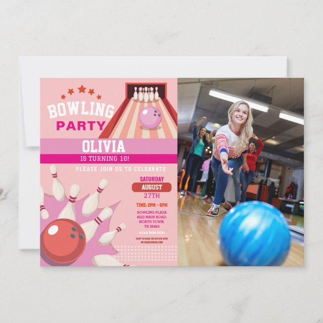 Bowling Photo Strike Fun Bowl Pink Girls Birthday  Invitation (Front)