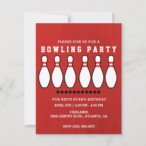 Bowling Pin Birthday Party  Invitation