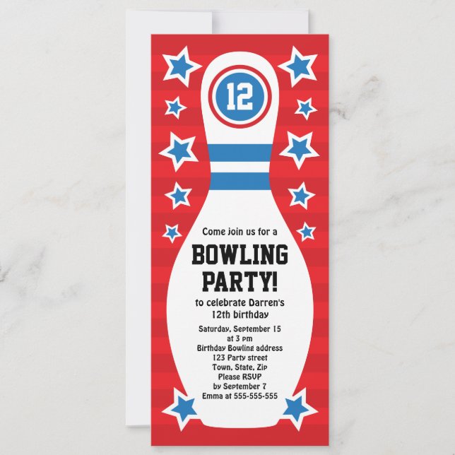 Bowling pin birthday party invitation with stars (Front)