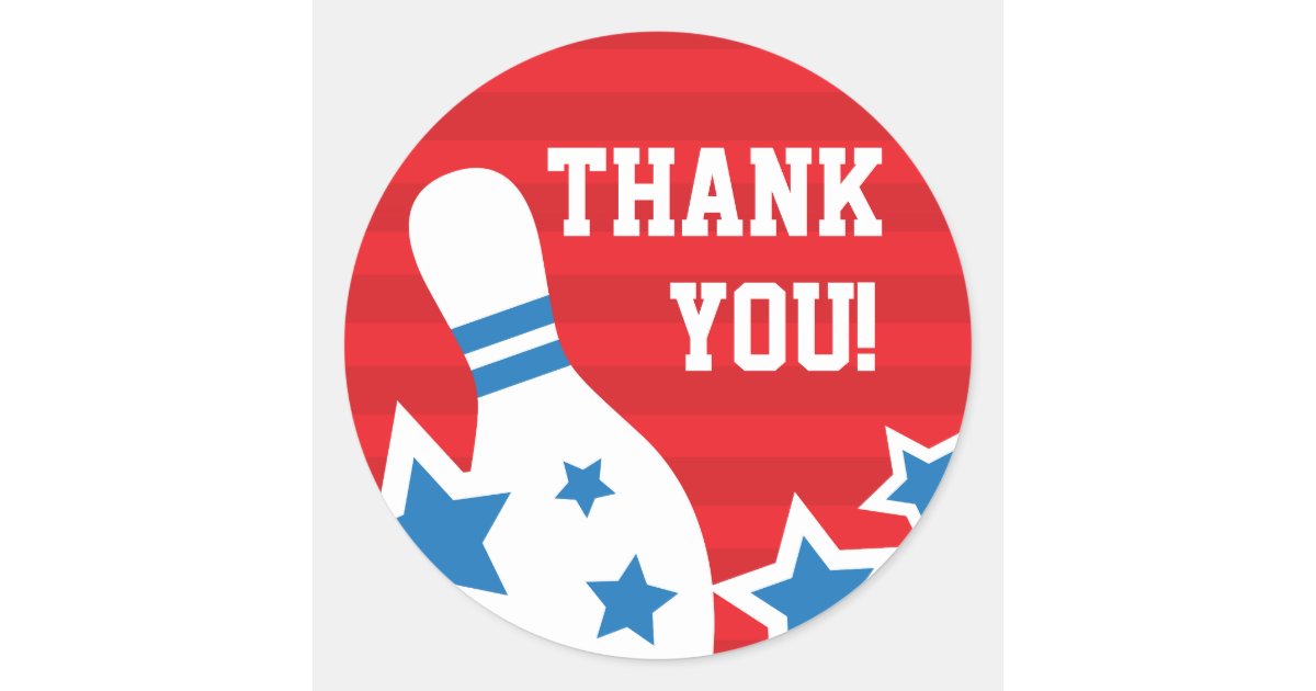 Bowling pin birthday party thank you sticker | Zazzle