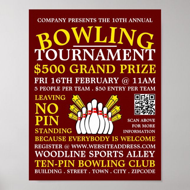 Bowling Pin Design, Ten-Pin Bowling Tournament Poster (Front)