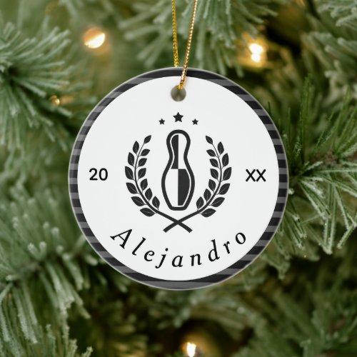 Bowling Pin Logo &amp; Custom Name Year Sports Theme Ceramic Ornament