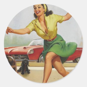 Bowling Pin Up Girl Classic Round Sticker by PinUpGallery at Zazzle