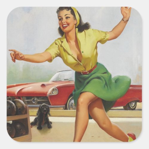 Bowling Pin Up Girl Square Sticker