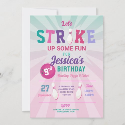 Bowling Pink Strike Fun Bowl Girls Birthday  Invitation