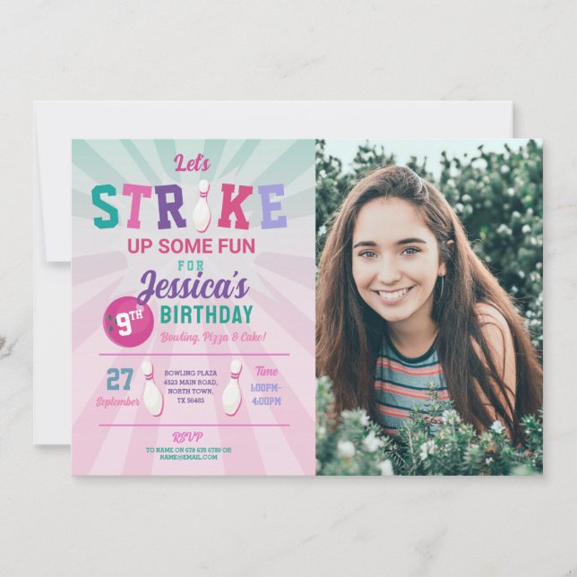 Bowling Pink Strike Photo Bowl Girls Birthday  Invitation (Front)