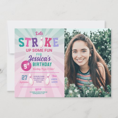 Bowling Pink Strike Photo Bowl Girls Birthday  Invitation