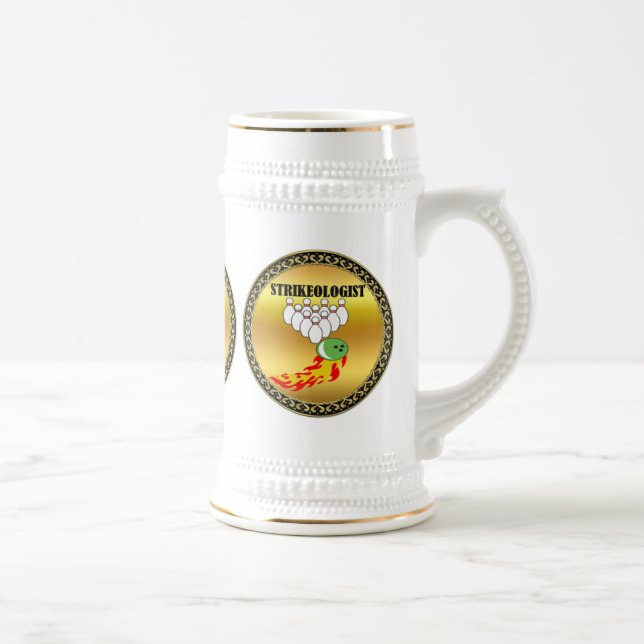 Bowling pins and ball with the word STRIKEOLOGIST Beer Stein (Right)