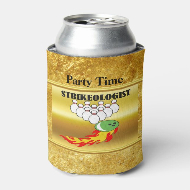 Bowling pins and ball with the word STRIKEOLOGIST Can Cooler (Can Front)