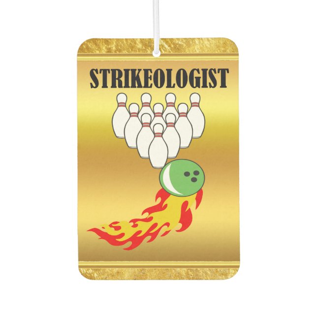 Bowling pins and ball with the word STRIKEOLOGIST Car Air Freshener (Front)