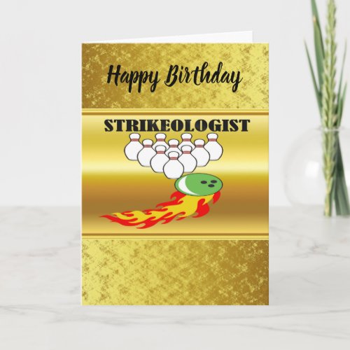 Bowling pins and ball with the word STRIKEOLOGIST Card