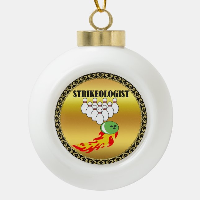 Bowling pins and ball with the word STRIKEOLOGIST Ceramic Ball Christmas Ornament (Front)