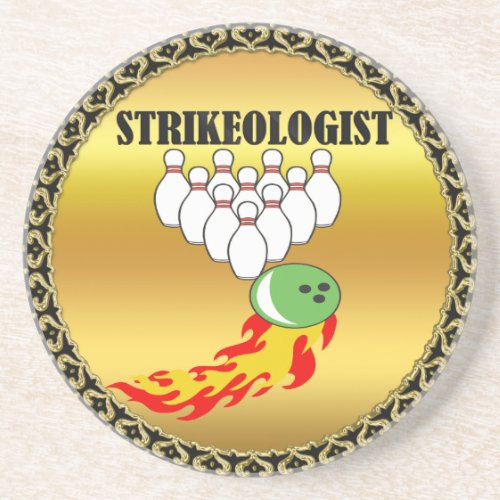 Bowling pins and ball with the word STRIKEOLOGIST Drink Coaster