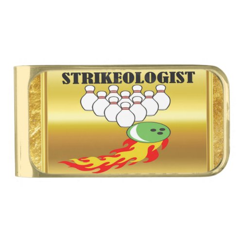 Bowling pins and ball with the word STRIKEOLOGIST Gold Finish Money Clip