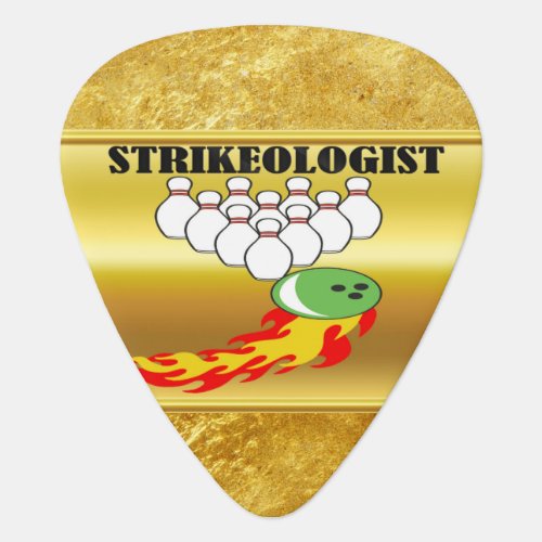 Bowling pins and ball with the word STRIKEOLOGIST Guitar Pick