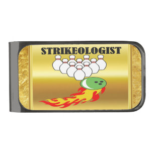 Bowling pins and ball with the word STRIKEOLOGIST Gunmetal Finish Money Clip