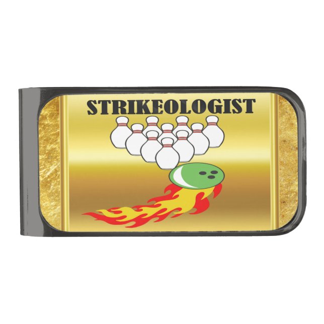 Bowling pins and ball with the word STRIKEOLOGIST Gunmetal Finish Money Clip (Front)