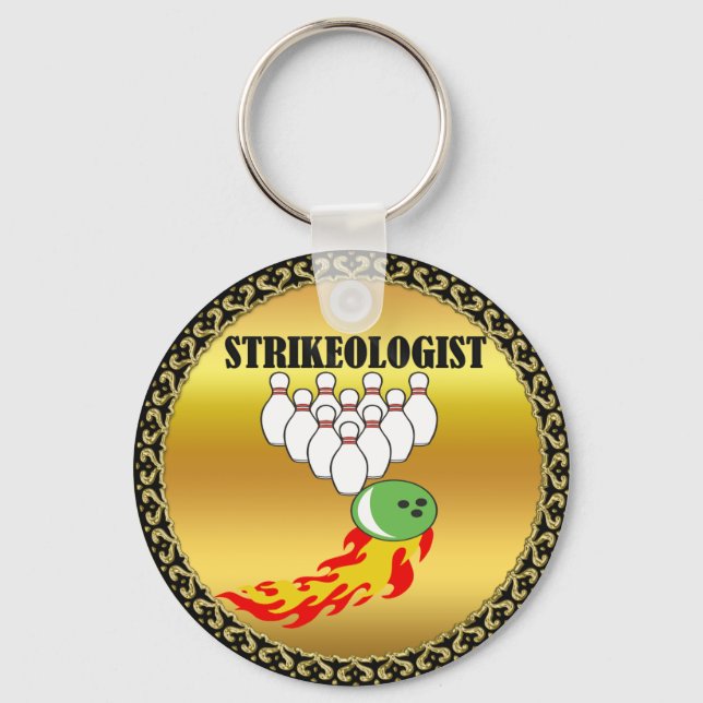 Bowling pins and ball with the word STRIKEOLOGIST Keychain (Front)