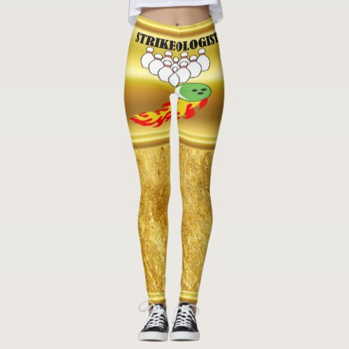 Bowling pins and ball with the word STRIKEOLOGIST Leggings