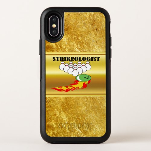 Bowling pins and ball with the word STRIKEOLOGIST OtterBox Symmetry iPhone X Case