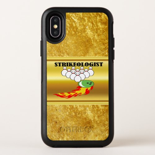 Bowling pins and ball with the word STRIKEOLOGIST OtterBox Symmetry iPhone X Case