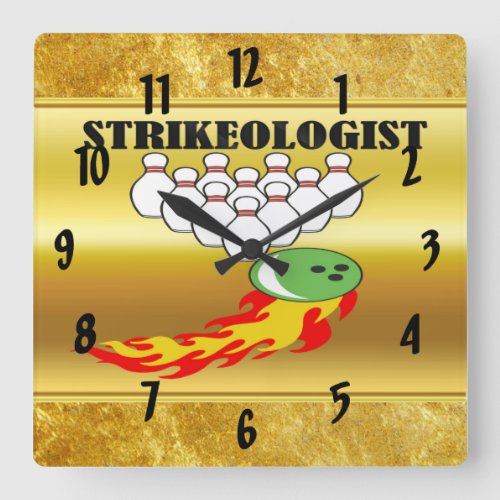 Bowling pins and ball with the word STRIKEOLOGIST Square Wall Clock