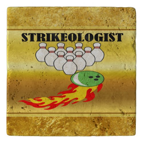 Bowling pins and ball with the word STRIKEOLOGIST Trivet