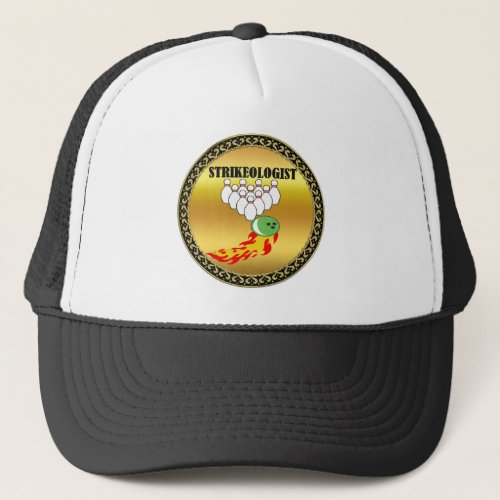 Bowling pins and ball with the word STRIKEOLOGIST Trucker Hat