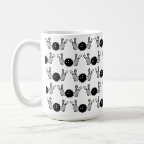 Bowling pins and balls black white coffee mug