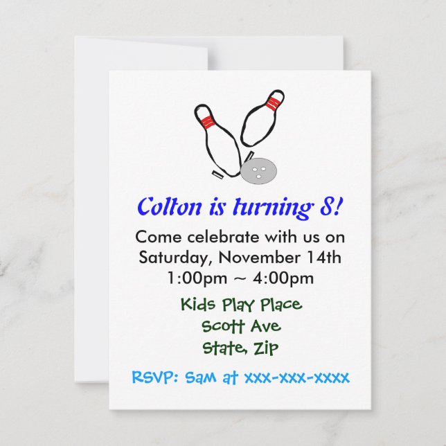 Bowling Pins Kids Birthday Party Invitation (Front)