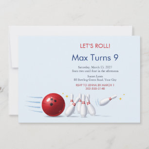 Bowling Pins Let's Roll Kids Birthday Invitation