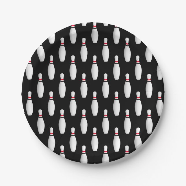 bowling pins on black paper plates (Front)