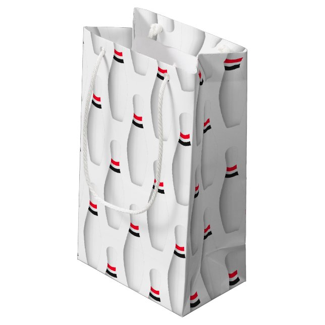 bowling pins on white small gift bag (Back Angled)