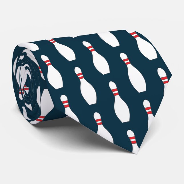 Bowling Pins Pattern Teal Blue background Neck Tie (Rolled)