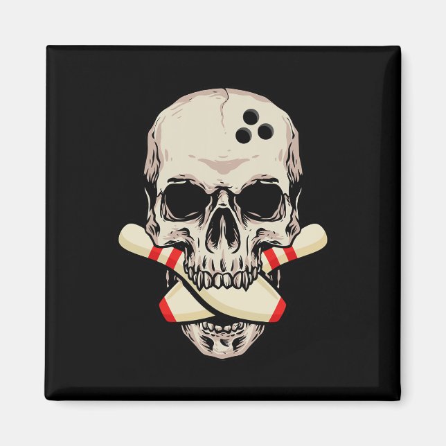 Bowling Pins Retro Skull Skeleton Head Bowling Bal Magnet (Front)