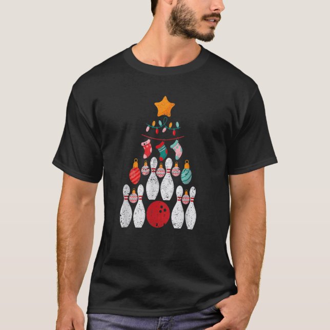 Bowling Player Christmas Tree Lights Xmas Ball Bow T-Shirt (Front)