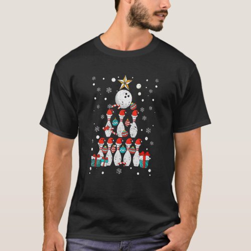 Bowling Player Christmas Tree Lights Xmas Ball Bow T_Shirt