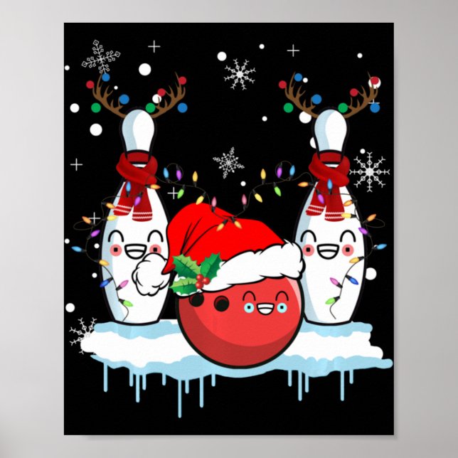 Bowling Reindeer Santa Hat Christmas Bowling Lover Poster (Front)