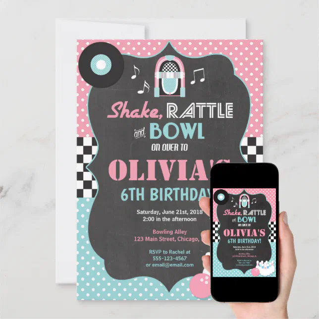 Bowling rock and roll girl birthday invitation Zazzle