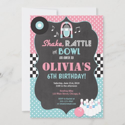 Bowling rock and roll girl birthday invitation