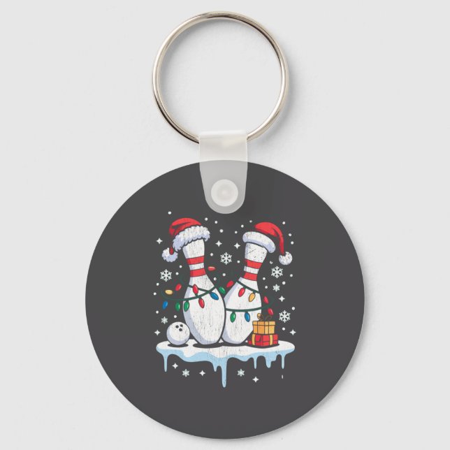 Bowling Santa Hat Funny Christmas Long Sleeve  Keychain (Front)