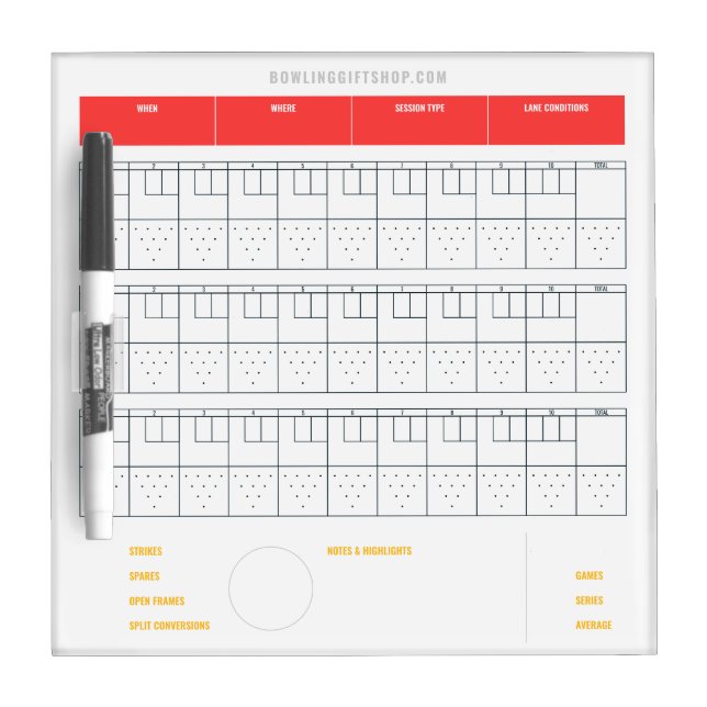 Bowling Scoreboard | 3 games with pins Dry Erase Board (Front)