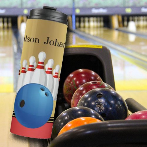 Bowling Sport Ball and Pins personalize Thermal Tumbler