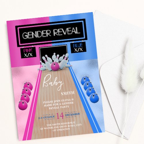 Bowling Sport Blue and Pink Gender Reveal Party Invitation