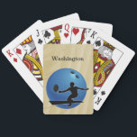 Bowling Sports Emphasis personalize with name Poker Cards<br><div class="desc">Special deck of cards for any bowler or bowling enthusiast. Personalize with your name above a large bowling ball and the silhouette of a bowler on a colorful, artistic tan background. The text is easily changed by using the template. If other changes are desired (different type font, size, color or...</div>